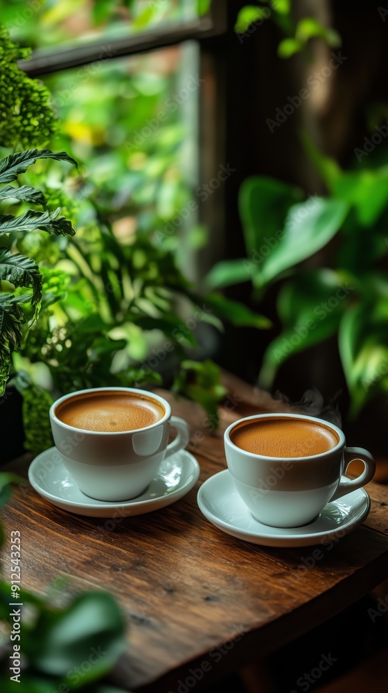 Two steaming coffee cups on a wooden table by a window, surrounded by lush green plants, creating a cozy ambiance. Two steaming coffee cups on a wooden table by a window, surrounded by lush green plants, creating a cozy ambiance.