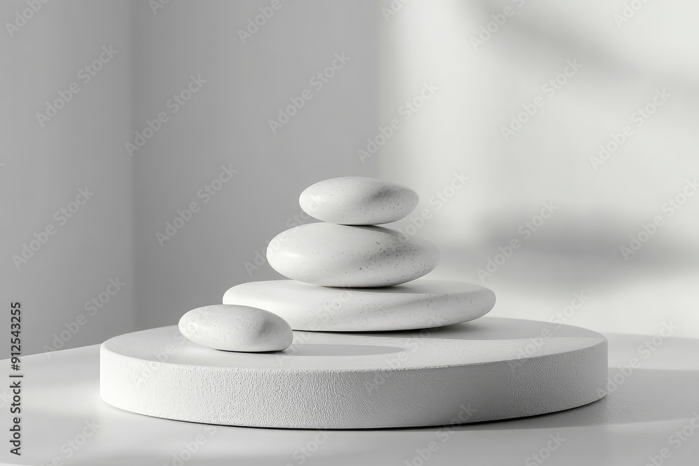 Stack white stones platform podium on gray light copy space background. Minimal empty display product presentation scene, ai Stack white stones platform podium on gray light copy space background. Minimal empty display product presentation scene, ai