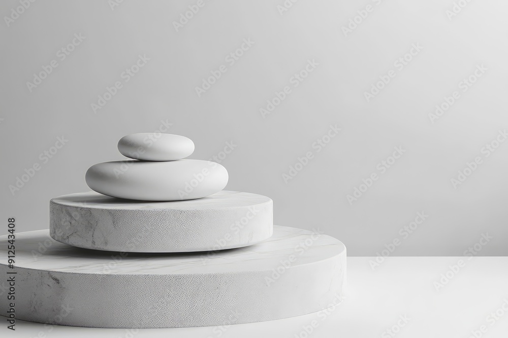 Stack white stones platform podium on gray light copy space background. Minimal empty display product presentation scene, ai