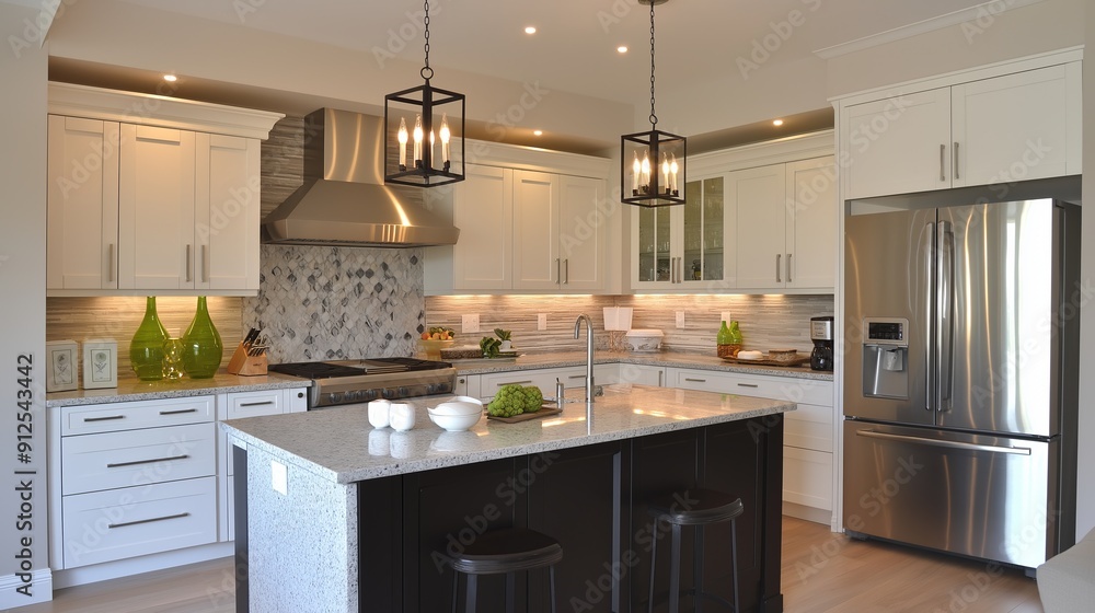 Fototapeta premium A modern kitchen featuring sleek cabinetry, stainless steel appliances, and stylish pendant lighting over a central island.