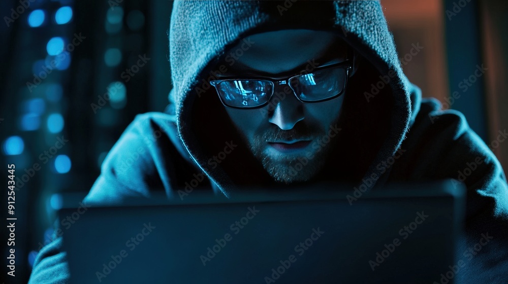 A hooded man in dark blue clothing looks intently at a laptop screen in a dim room with blue lights. A hooded man in dark blue clothing looks intently at a laptop screen in a dim room with blue lights.