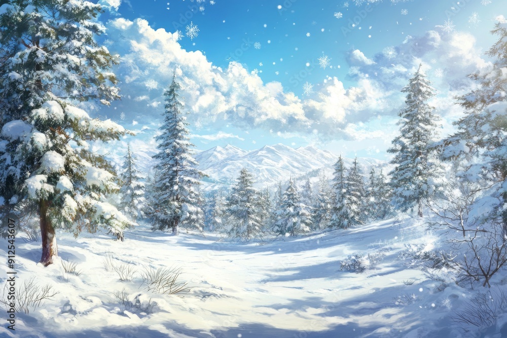 Fototapeta premium Snowy Realm: A High-Definition Hand-Drawn Visual of Tranquil Winter Nature, Capturing the Season's Charm with Clarity and the Warmth of a Hearth in Anime Style.