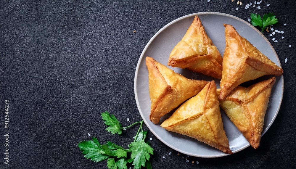Indian Samosas on Black Stone Surface Indian Samosas on Black Stone Surface