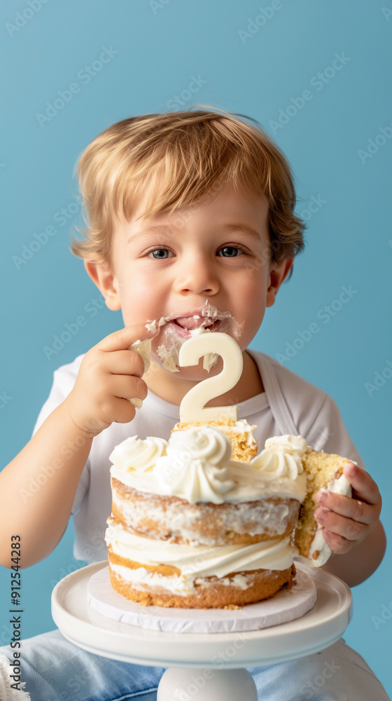 two years old todler eating birthday cake with number two decoration. happy birthday concept