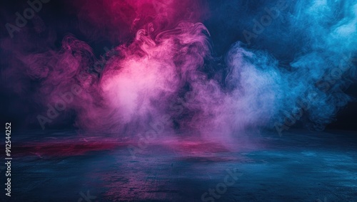 abstract background, smoke and fog on dark concrete floor with neon light in the middle of a dark room.