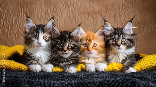 Young Maine Coon kittens pedigreed ticked brothers on black and yellow backdrop. copy space for text. photo