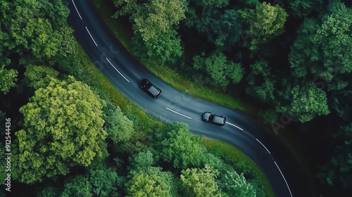 Aerial view of a winding road through a dense green forest with two cars passing.