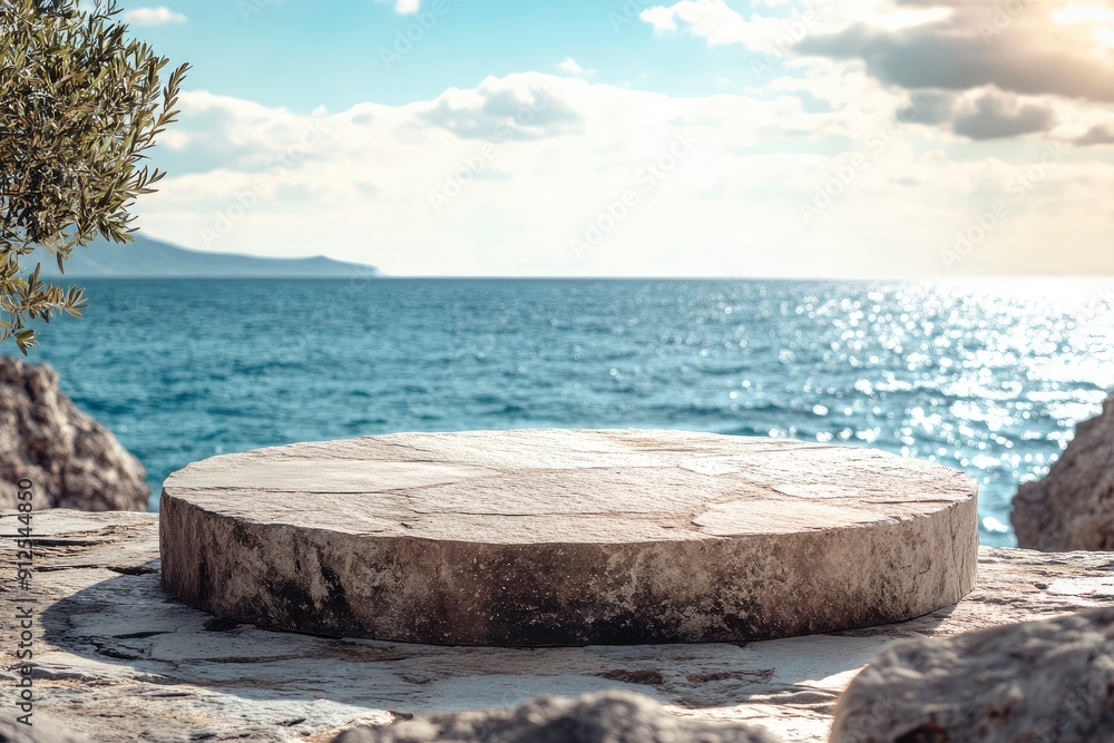 Rock Stone podium on seaside with daylight, well display product background and text on free space , ai Rock Stone podium on seaside with daylight, well display product background and text on free space , ai