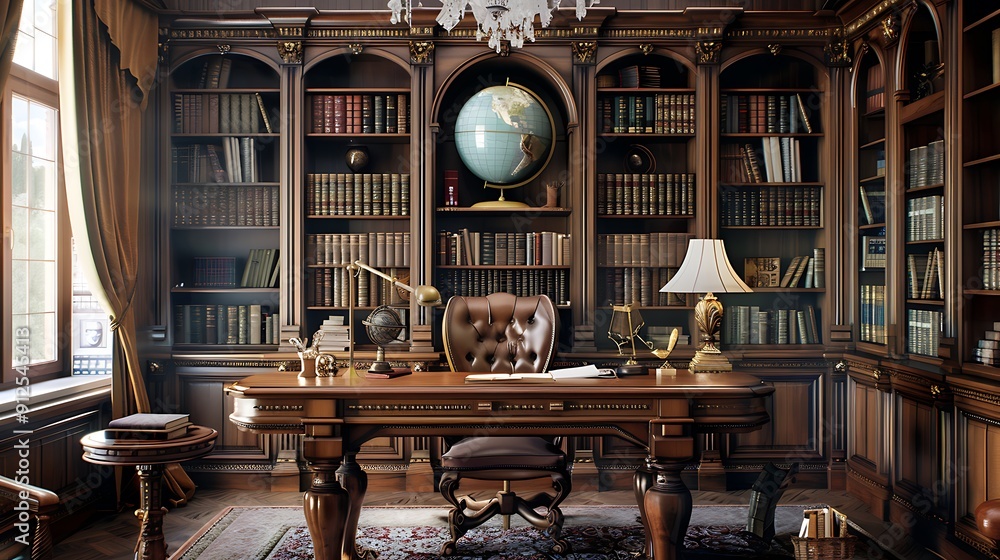 An elegant luxurious library with a large table, leather chair with bookshelves filled with books. An elegant luxurious library with a large table, leather chair with bookshelves filled with books.