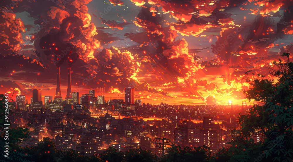 Obraz premium A vibrant cityscape at sunset with dramatic, fiery clouds and industrial smoke stacks highlighting the skyline, suitable for themes like urban life, environmental impact, and artistic landscape,