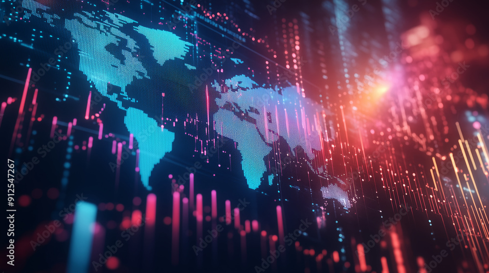 custom made wallpaper toronto digitalGlobal financial data visualization displayed on a digital map, highlighting trends and economic information with colorful charts