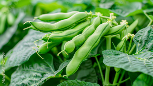 Lima bean plant growing large seed pods in garden