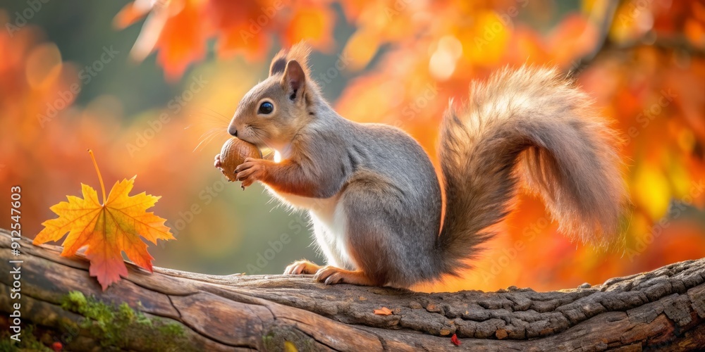 Winter-adapted red squirrel with grey coat sits on a large tree branch, holding a nut in its mouth, amidst autumn's rustling leaves and branches backdrop. Winter-adapted red squirrel with grey coat sits on a large tree branch, holding a nut in its mouth, amidst autumn's rustling leaves and branches backdrop.