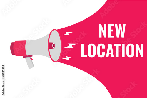 new location button, banner, label, template for website. new location text with colorful megaphone icon
