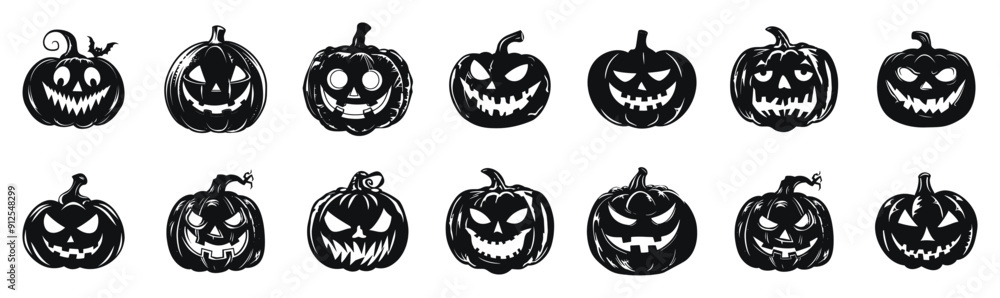 Obraz premium Halloween jack-o-lanterns vector silhouette illustration. Collection of spooky pumpkin faces with various expressions in black and white.