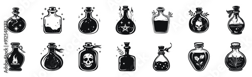 Vintage potion bottle vector silhouette illustration. Collection of mystical bottles with skulls, stars, and hearts in black and white.