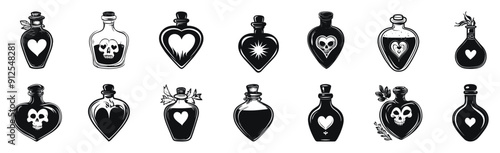 Vintage potion bottle vector silhouette illustration. Collection of mystical bottles with skulls, stars, and hearts in black and white.