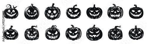 Halloween jack-o-lanterns vector silhouette illustration. Collection of spooky pumpkin faces with various expressions in black and white.