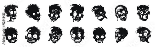 Zombie heads vector cartoon illustration. Collection of creepy Halloween faces with various expressions in black and white.