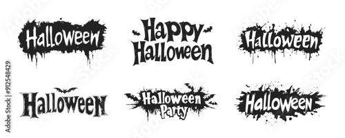 Halloween text vector cartoon illustration. Collection of various lettering designs typography with bats in black and white.