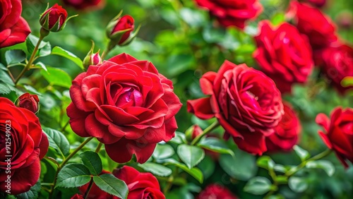 Vibrant red roses in sharp focus, surrounded by lush green foliage, creating a stunning botanical background with subtle texture and natural elegance.