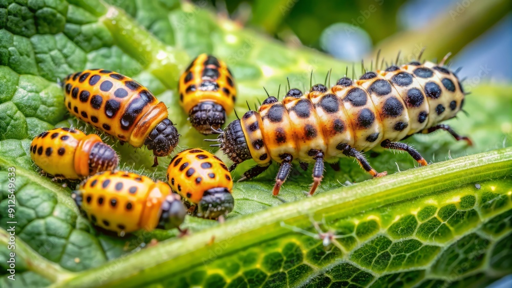 Macro shot of squash lady beetle larvae feeding on bitter gourd leaves, highlighting the need for eco-friendly insecticide solutions to protect crops from pests. Macro shot of squash lady beetle larvae feeding on bitter gourd leaves, highlighting the need for eco-friendly insecticide solutions to protect crops from pests.