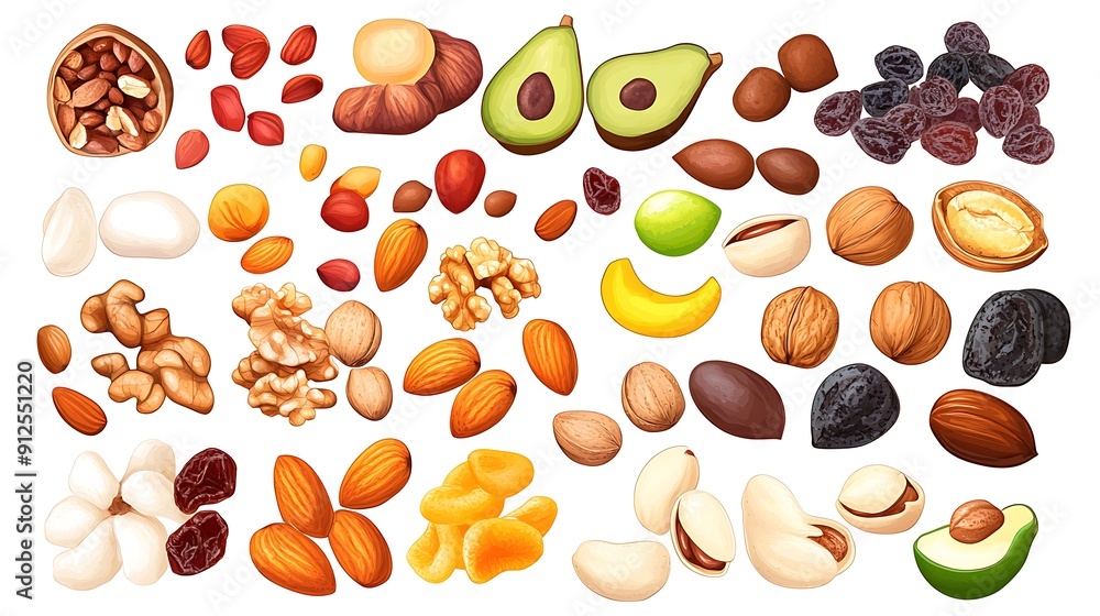 Assortment of Nuts, Dried Fruits, and Avocados. Assortment of Nuts, Dried Fruits, and Avocados.