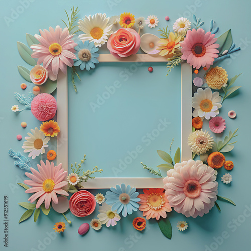 Frame with colorful flowers on clear pastel blue background. Greeting card design for holiday, Mother's day, Easter, Valentine day. Springtime composition with copy space. Flat lay, top view