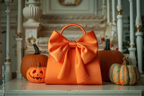 An elegant Halloween-themed arrangement with pumpkins and an orange handbag tied with a big bow on a festive and decorative setting. photo