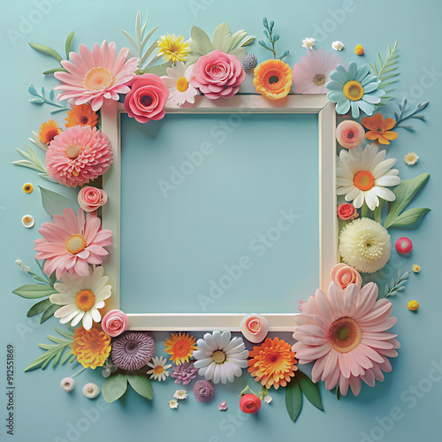 Frame with colorful flowers on clear pastel blue background. Greeting card design for holiday, Mother's day, Easter, Valentine day. Springtime composition with copy space. Flat lay, top view
