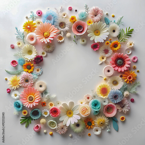 Frame with colorful flowers on clear white background. Greeting card design for holiday, Mother's day, Easter, Valentine day. Springtime composition with copy space. Flat lay, top view