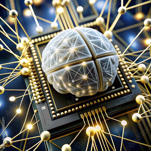 implantation of a microchip in the brain. automated brain functioning. brain with a chip on a blue background. 3D render