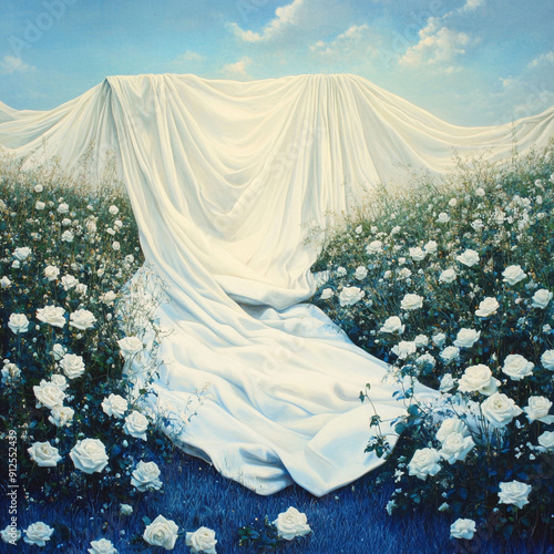 white roses on the green grass