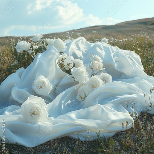 white roses on the green grass