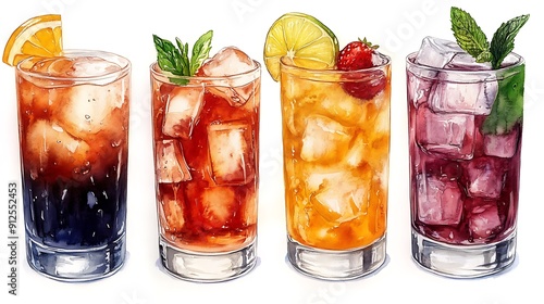 Watercolor Illustration of Four Refreshing Summer Cocktails.