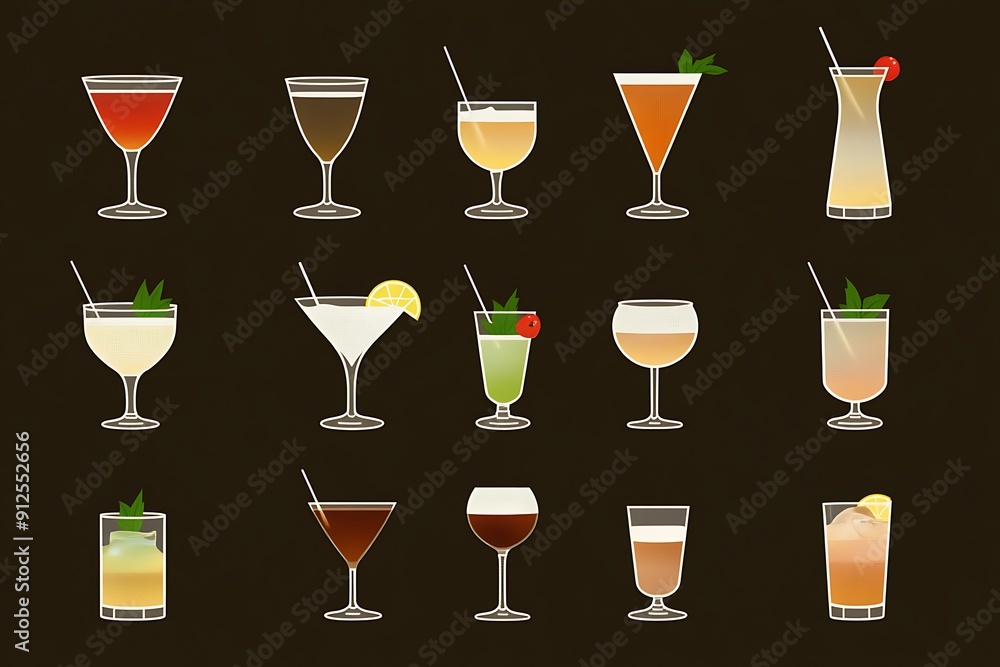 Collection of 18 Different Cocktails in Glasses and Mugs. Collection of 18 Different Cocktails in Glasses and Mugs.