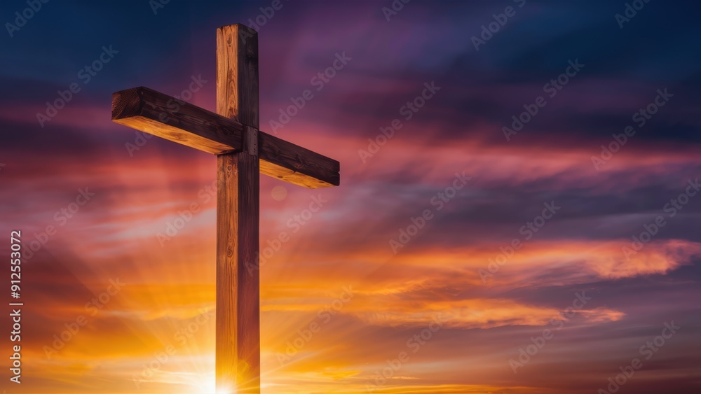 A wooden cross in the middle of a field with sunset behind it, AI A wooden cross in the middle of a field with sunset behind it, AI