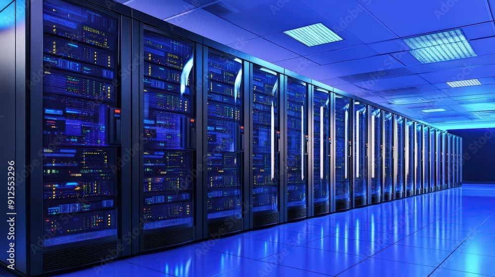 Rows of servers in a data center lit by blue light. Rows of servers in a data center lit by blue light.