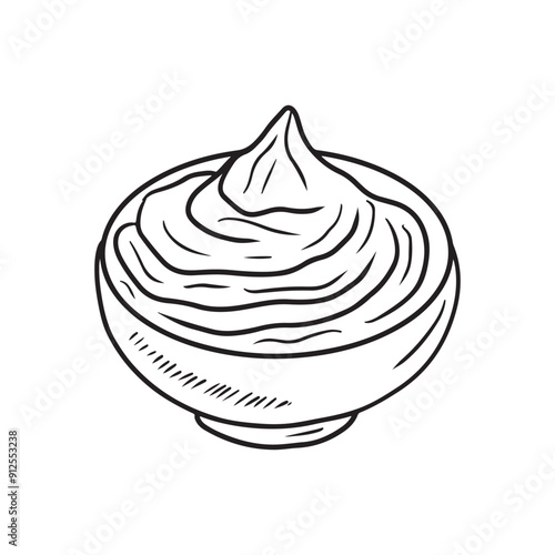 Creamy garlic sauce in ceramic bowl, mayonnaise, mustard, ketchup in black isolated on white background. Hand drawn vector sketch illustration in doodle engraved vintage line art style, mashed potato