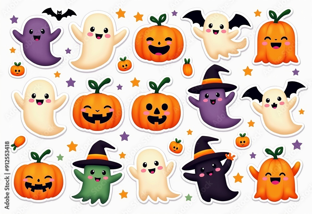 Adorable Halloween Sticker Sheet: Cute Ghosts, Pumpkins, Witches & Bats Adorable Halloween Sticker Sheet: Cute Ghosts, Pumpkins, Witches & Bats