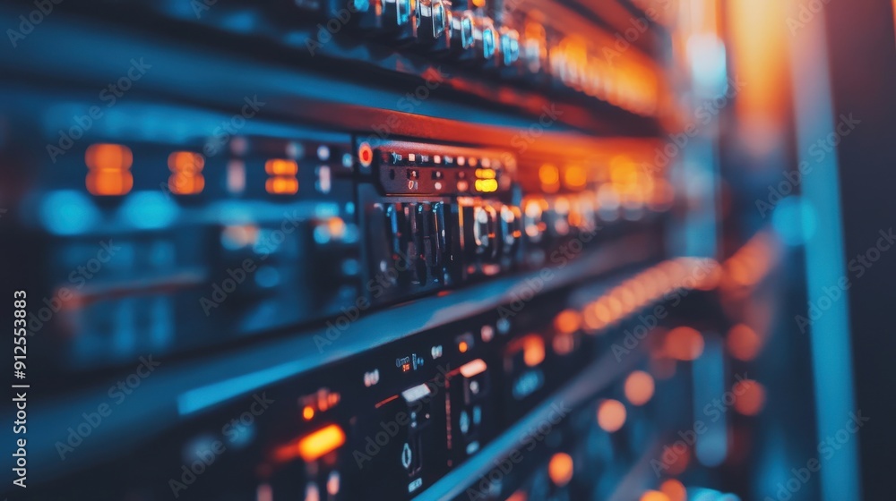 Close-up shot of a black soundboard with a red button, orange and blue lights, and knobs. Close-up shot of a black soundboard with a red button, orange and blue lights, and knobs.