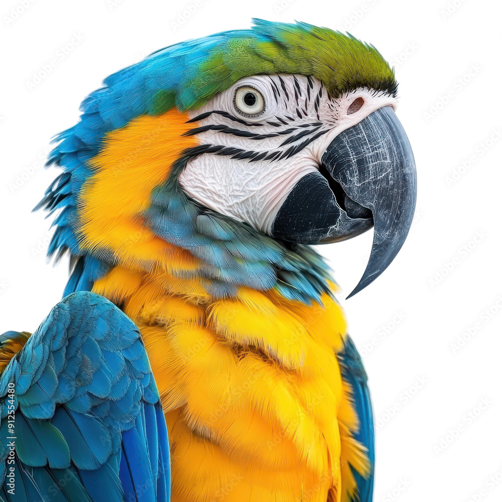Blue and Yellow Macaw Perched Against a White Background Blue and Yellow Macaw Perched Against a White Background