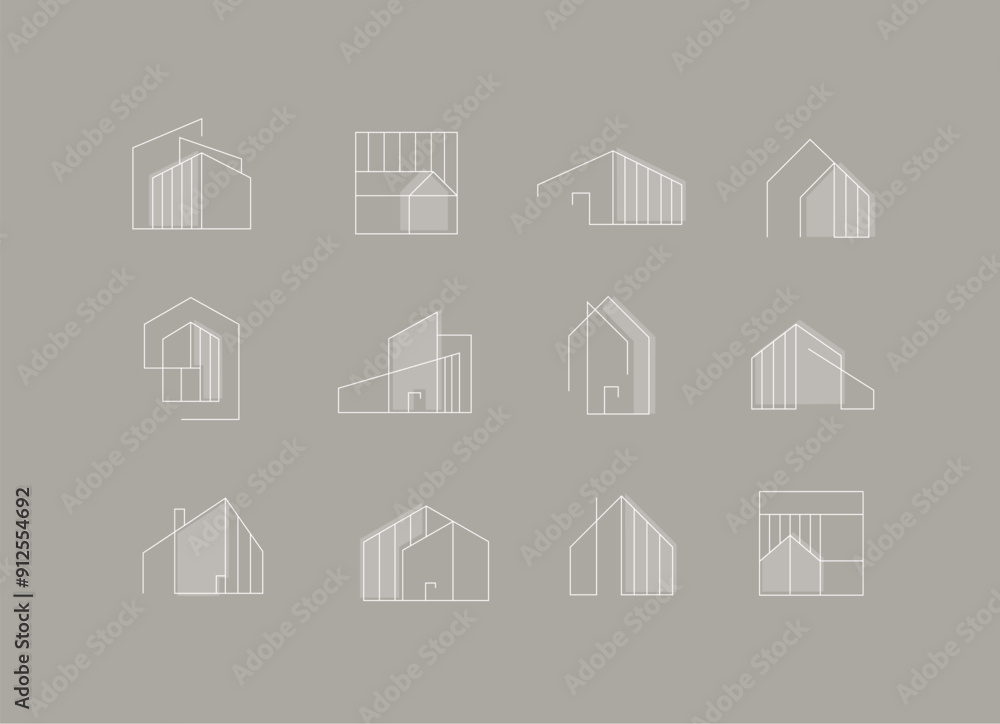 Building and house icons drawing in modern linear style on beige grey background