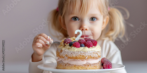 Adorable two years old toddler celebrating second birthday with cake with number two and berries on the top. photo