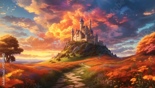 A large, gray stone castle sits on a hilltop surrounded by a field of orange and yellow flowers.