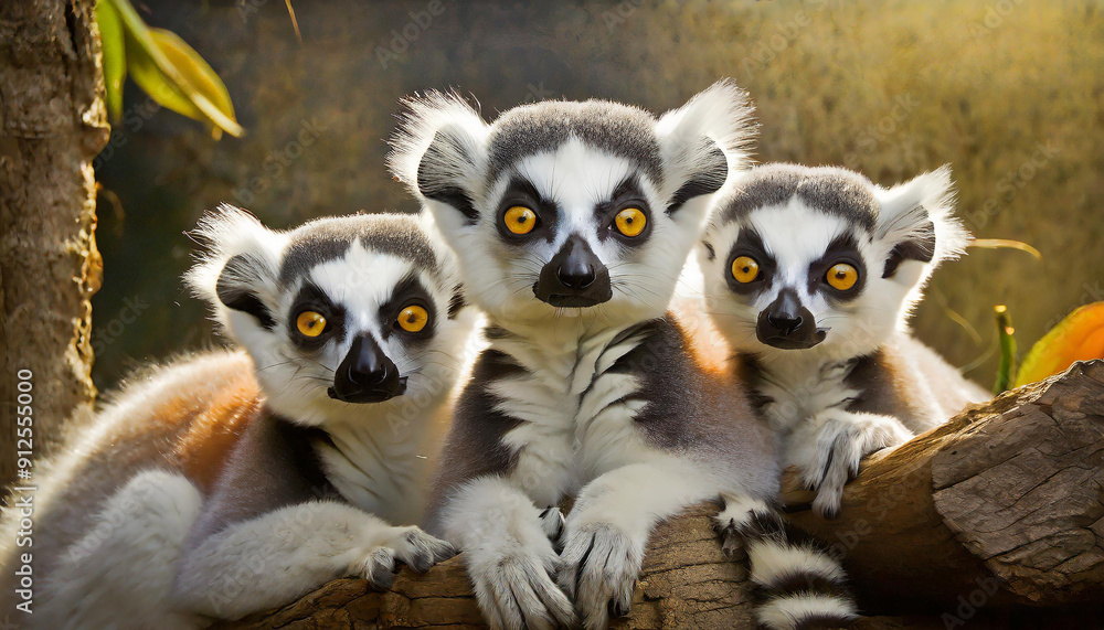 Fototapeta premium Group of lemurs with bright eyes surrounded by green leaves basking under soft sunlight.