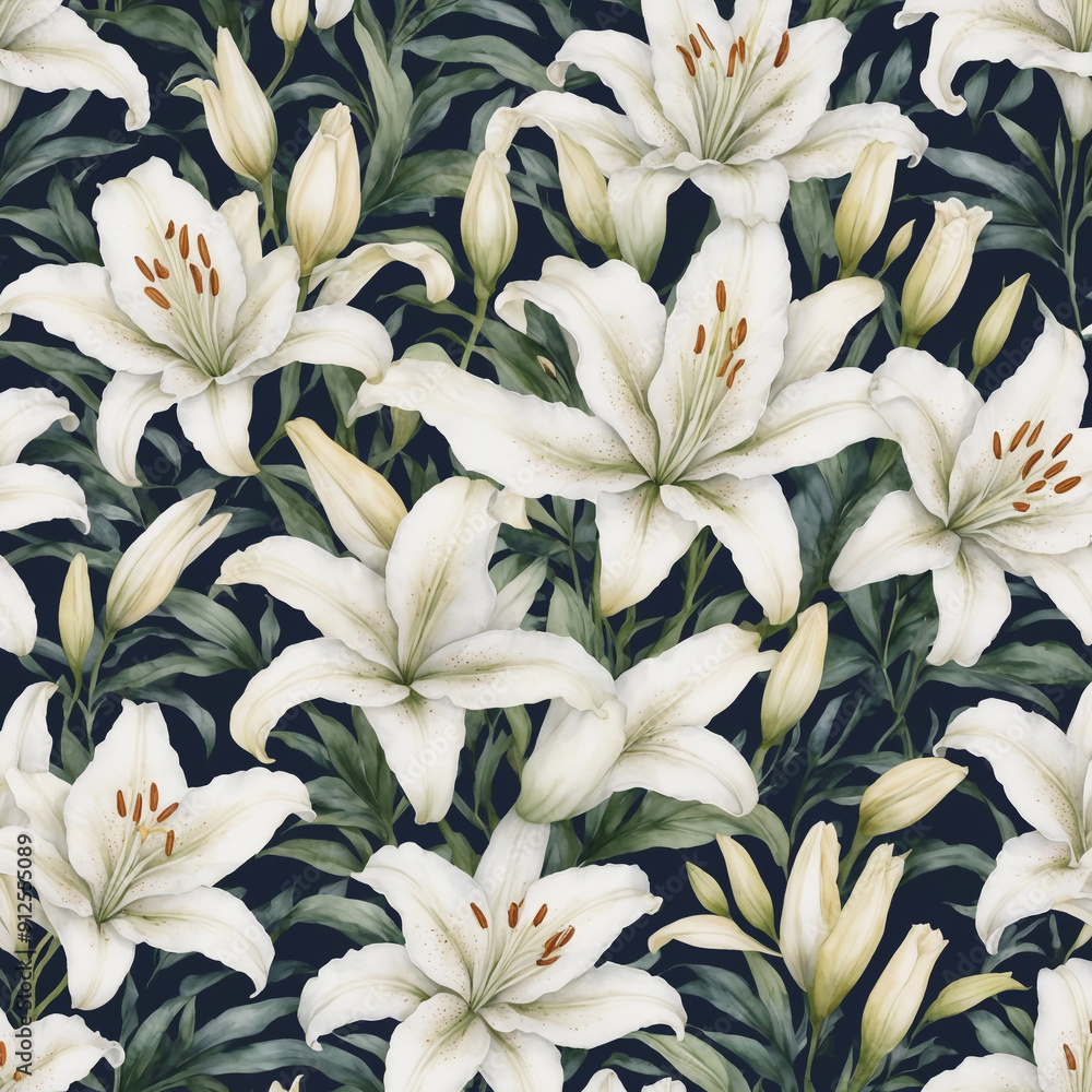 Watercolor pattern with White lily. It features intricate detailing and uses white colors. The small floral pattern has a modern look Watercolor pattern with White lily. It features intricate detailing and uses white colors. The small floral pattern has a modern look