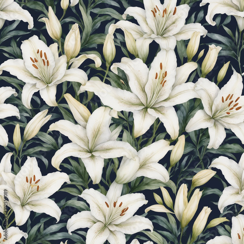 Watercolor pattern with White lily. It features intricate detailing and uses white colors. The small floral pattern has a modern look