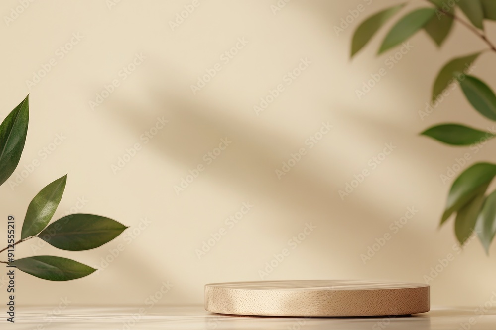 Minimal wood podium with blurred green leaf plant on beige background.Beauty cosmetic natural mild product modern display,nature eco friendly concept, ai Minimal wood podium with blurred green leaf plant on beige background.Beauty cosmetic natural mild product modern display,nature eco friendly concept, ai