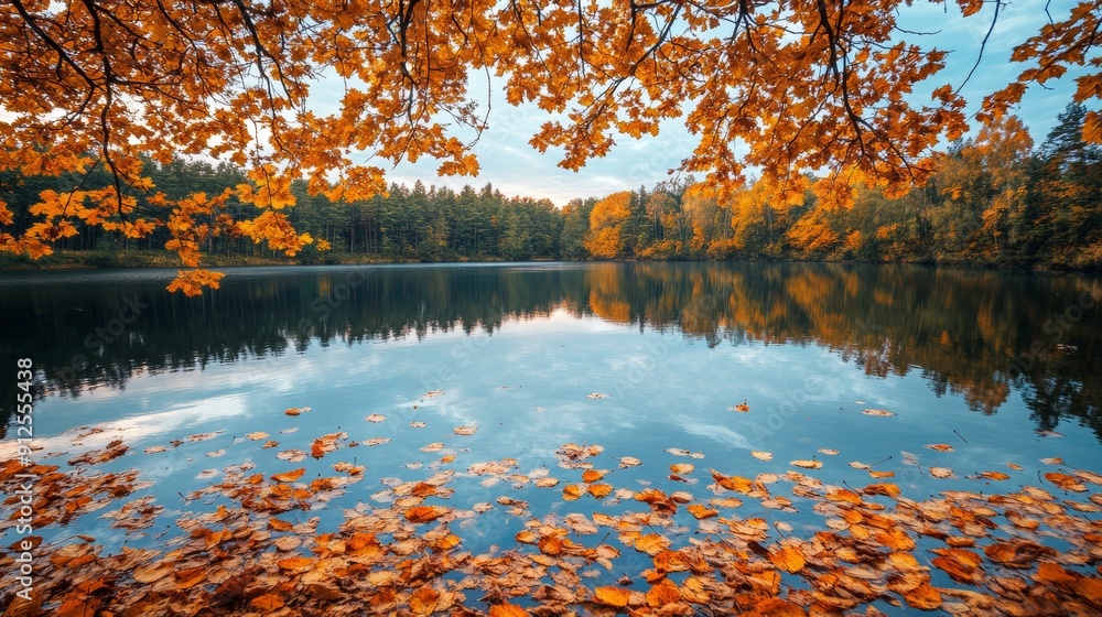 Obraz premium A beautiful lake with a lot of leaves floating on the surface